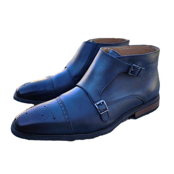 La Milano Blue Burnished Leather Double Monk Strap Cap Toe Boots 13 - Picture 1 of 13